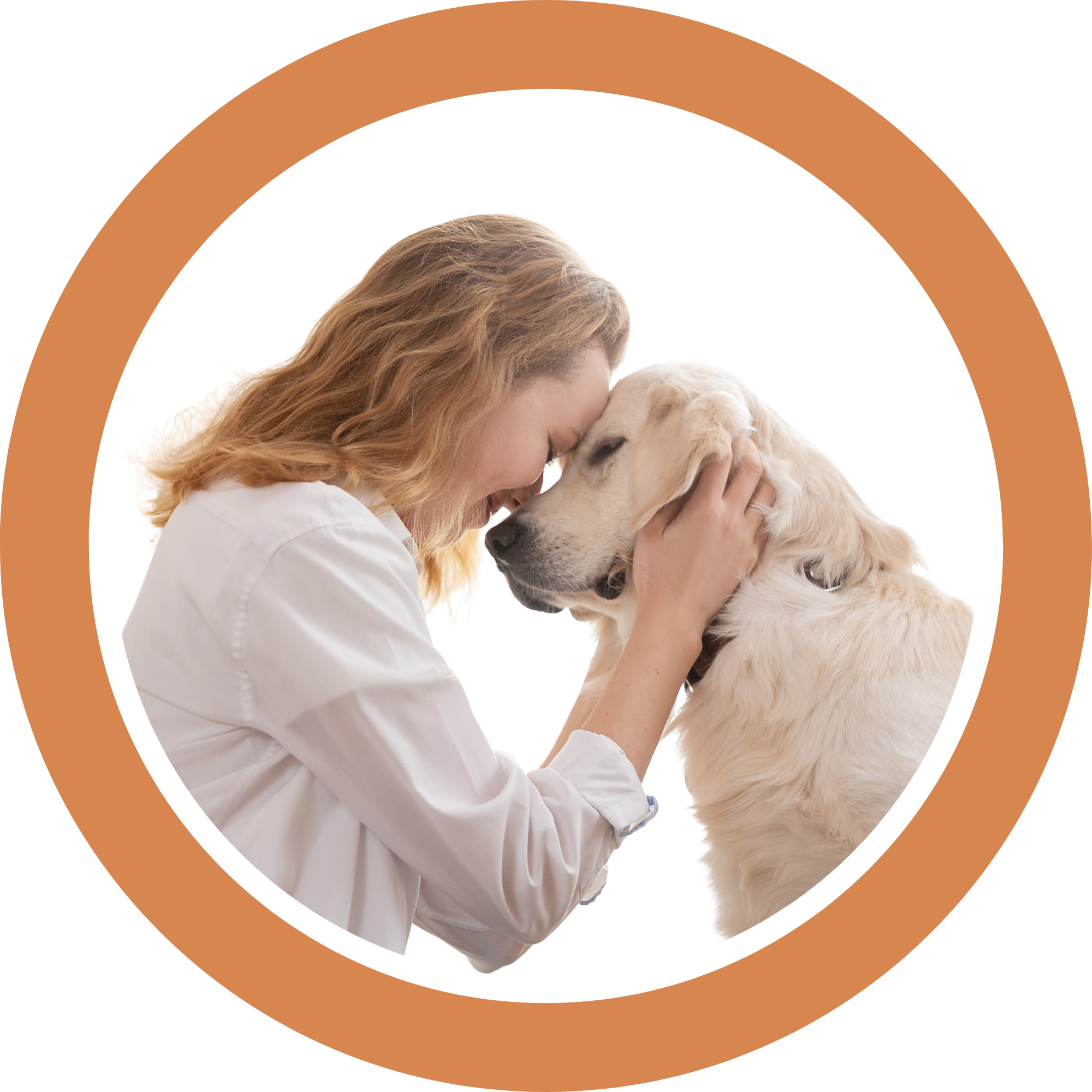 A woman with wavy auburn hair tenderly touching foreheads with a golden retriever, framed in an orange circle on a white background.