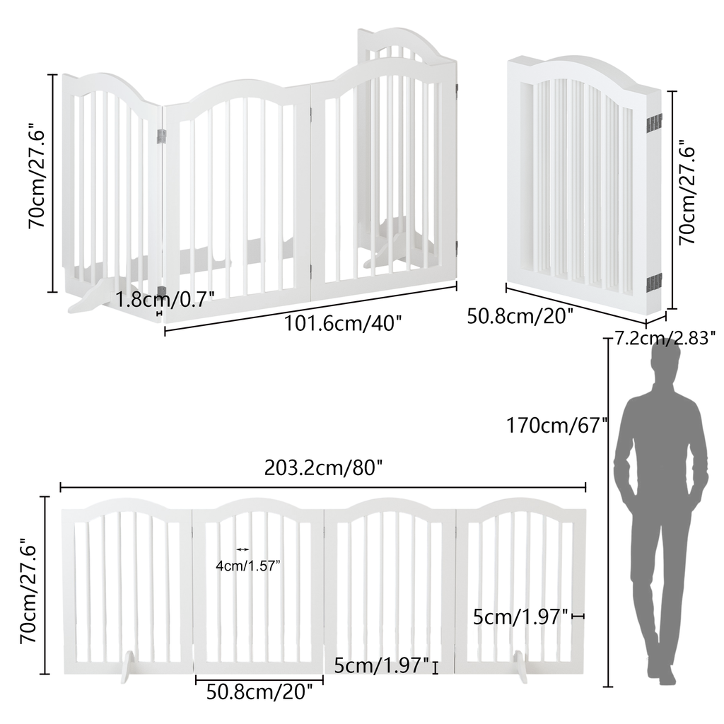 27.6" Tall Freestanding Wooden Pet Gate – Foldable 4-Panel Dog Safety