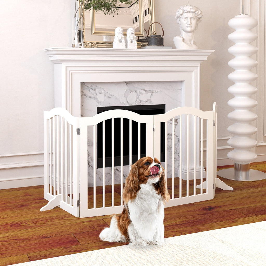27.6" Tall Freestanding Wooden Pet Gate – Foldable 4-Panel Dog Safety