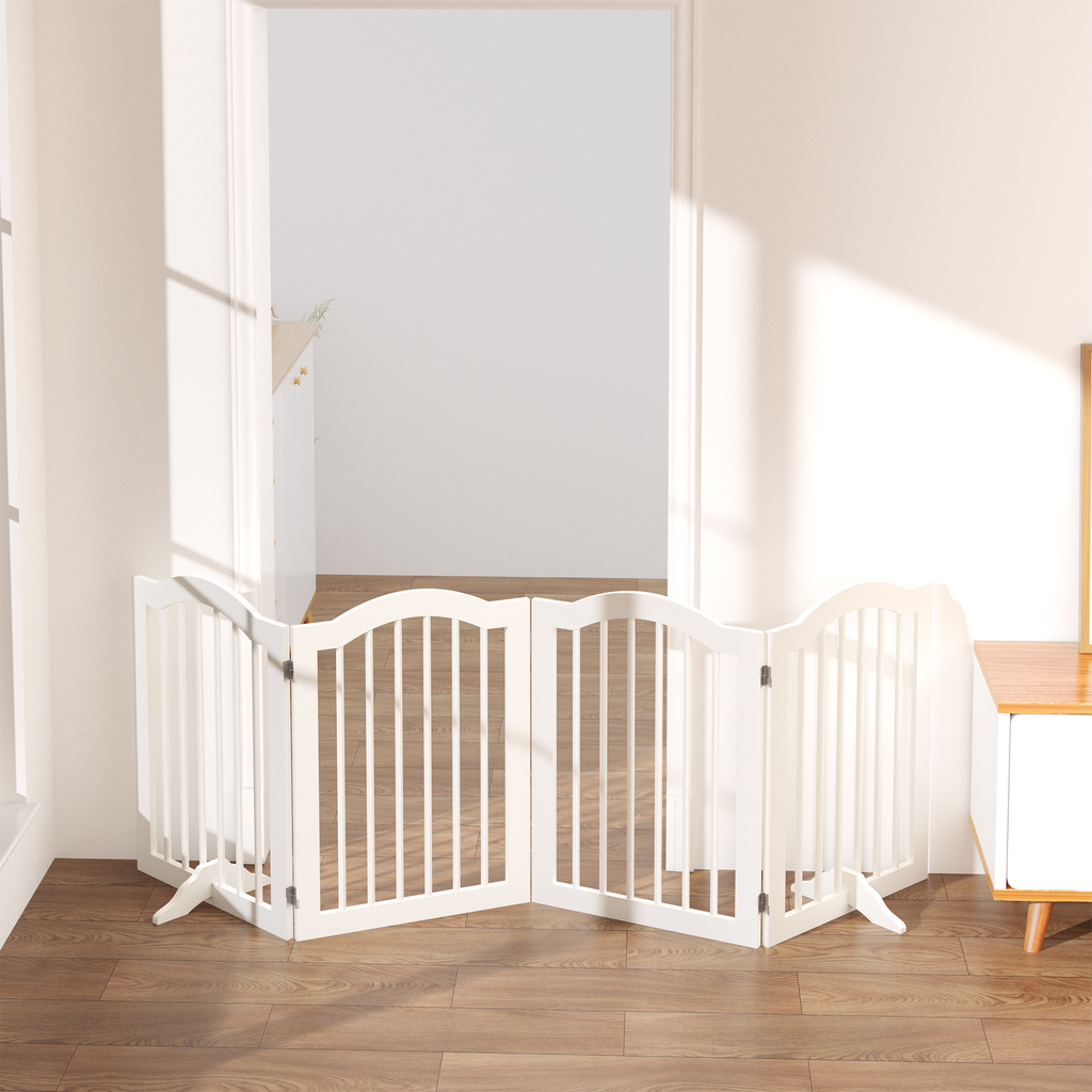 27.6" Tall Freestanding Wooden Pet Gate – Foldable 4-Panel Dog Safety