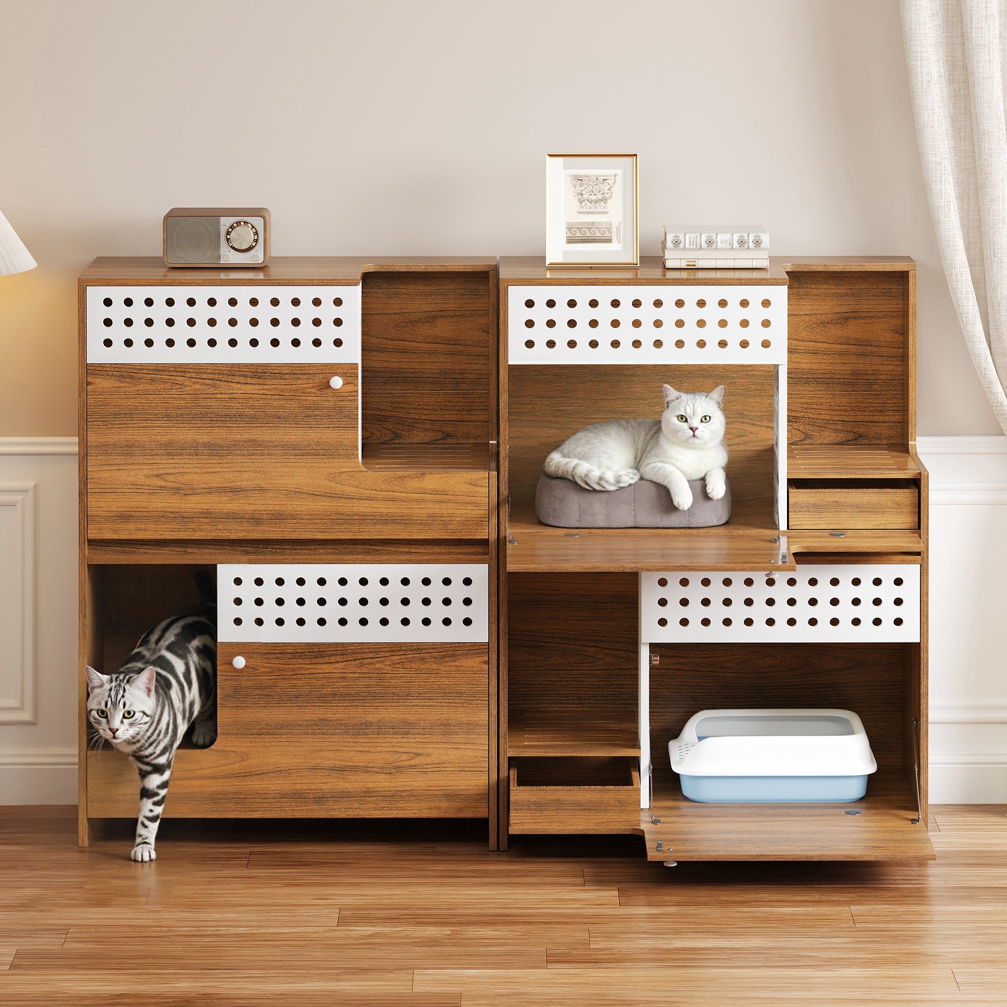 2-Piece Modern Cat Litter Box Enclosure Set – Hidden Cat House Side