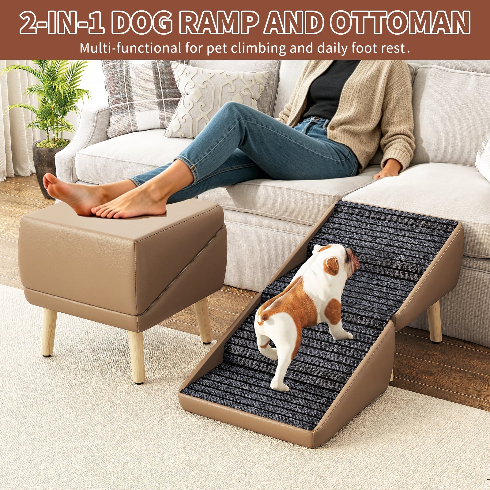 2-in-1 Foldable Dog Stairs & Ottoman – Non-Slip Wooden Pet Steps for