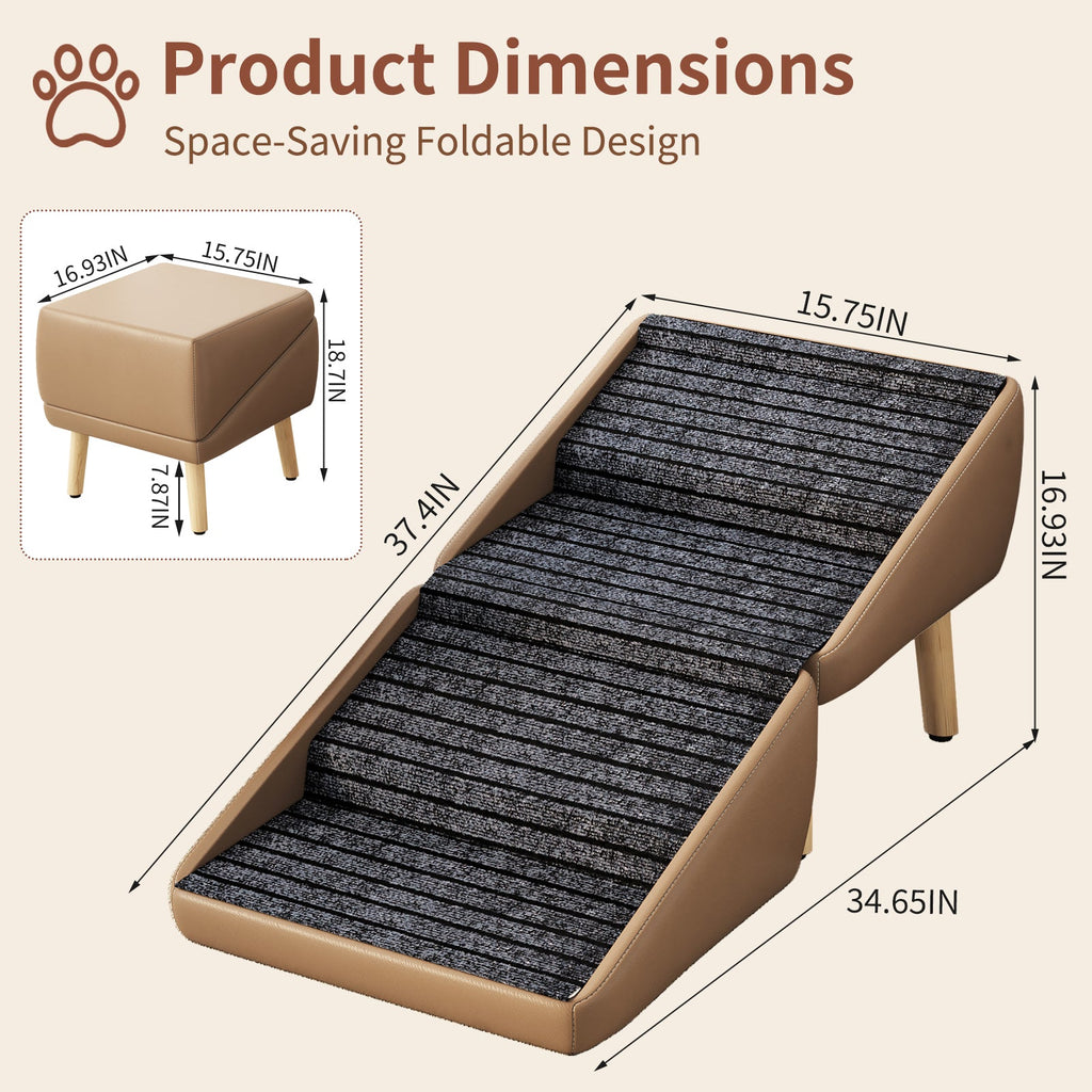 2-in-1 Foldable Dog Stairs & Ottoman – Non-Slip Wooden Pet Steps for