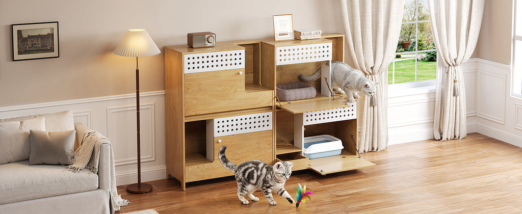 2-Piece Modern Cat Litter Box Enclosure Set – Hidden Cat House Side