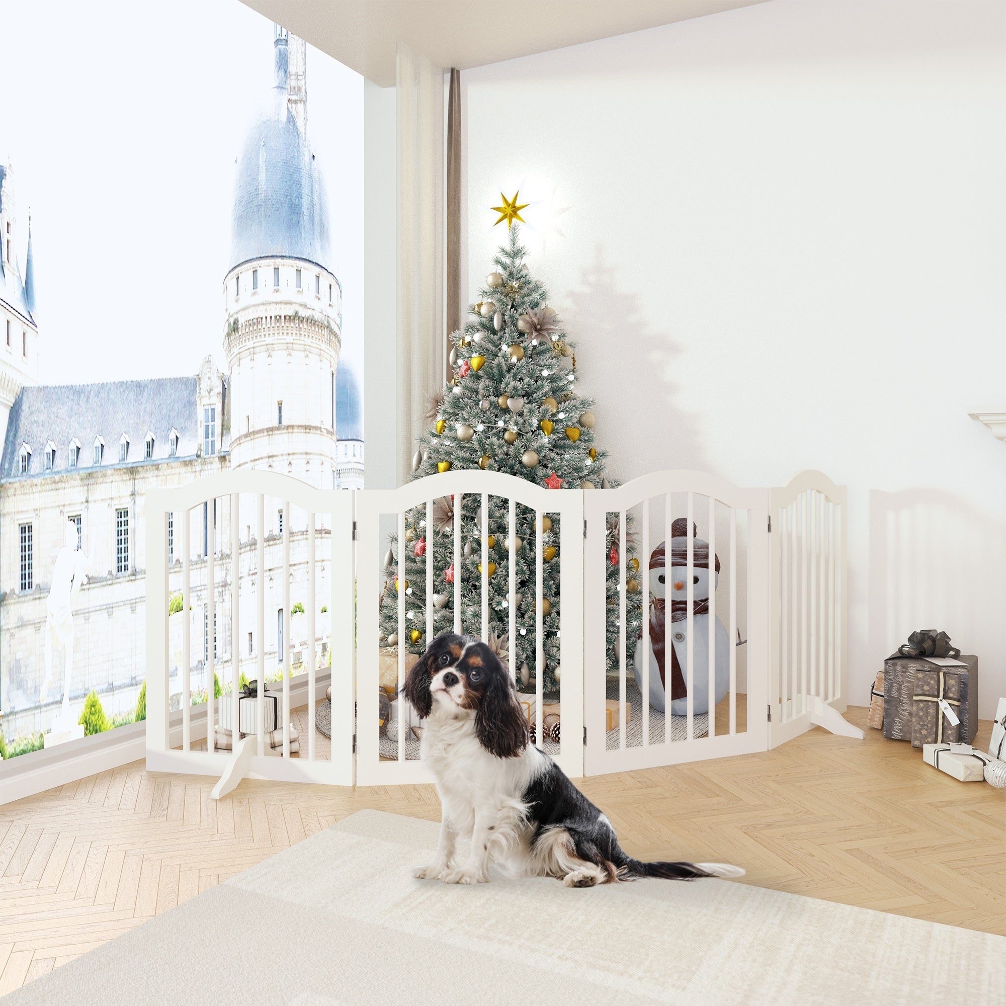 27.6" Tall Freestanding Wooden Pet Gate – Foldable 4-Panel Dog Safety