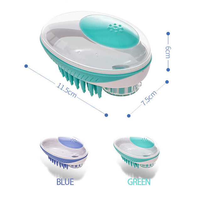 Teal and white grooming tool with dimensions and color options on a white background