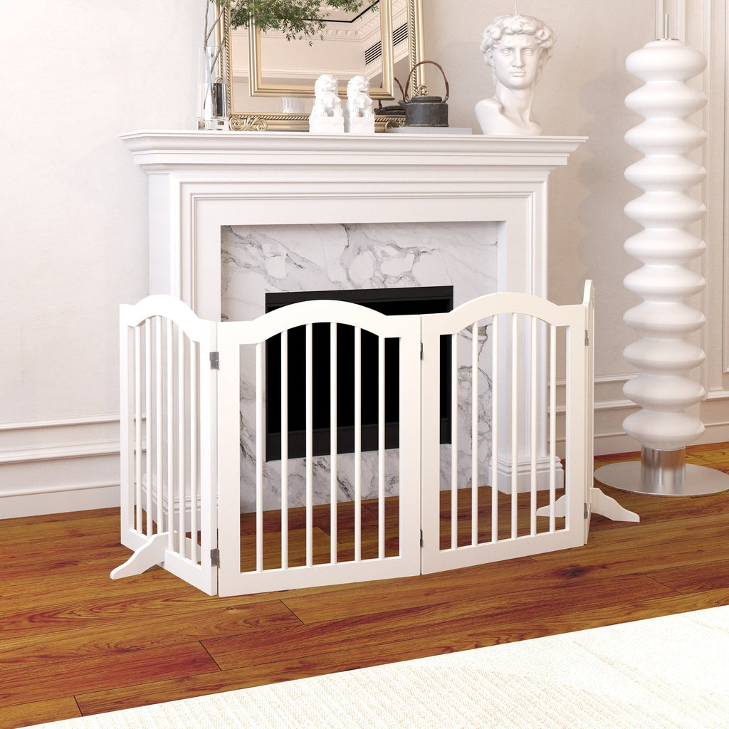 27.6" Tall Freestanding Wooden Pet Gate – Foldable 4-Panel Dog Safety