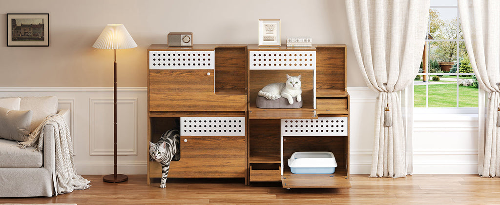 2-Piece Modern Cat Litter Box Enclosure Set – Hidden Cat House Side