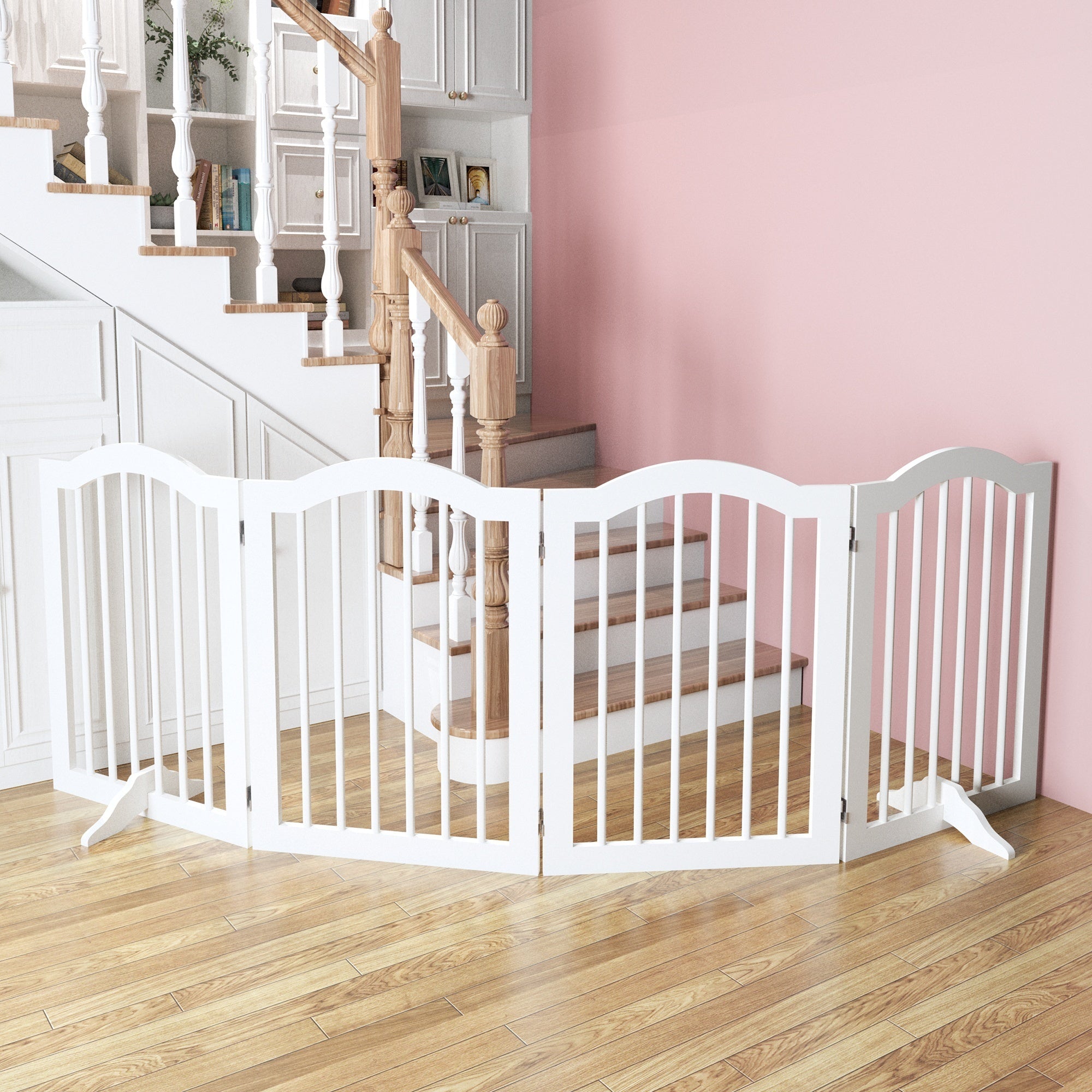 27.6" Tall Freestanding Wooden Pet Gate – Foldable 4-Panel Dog Safety