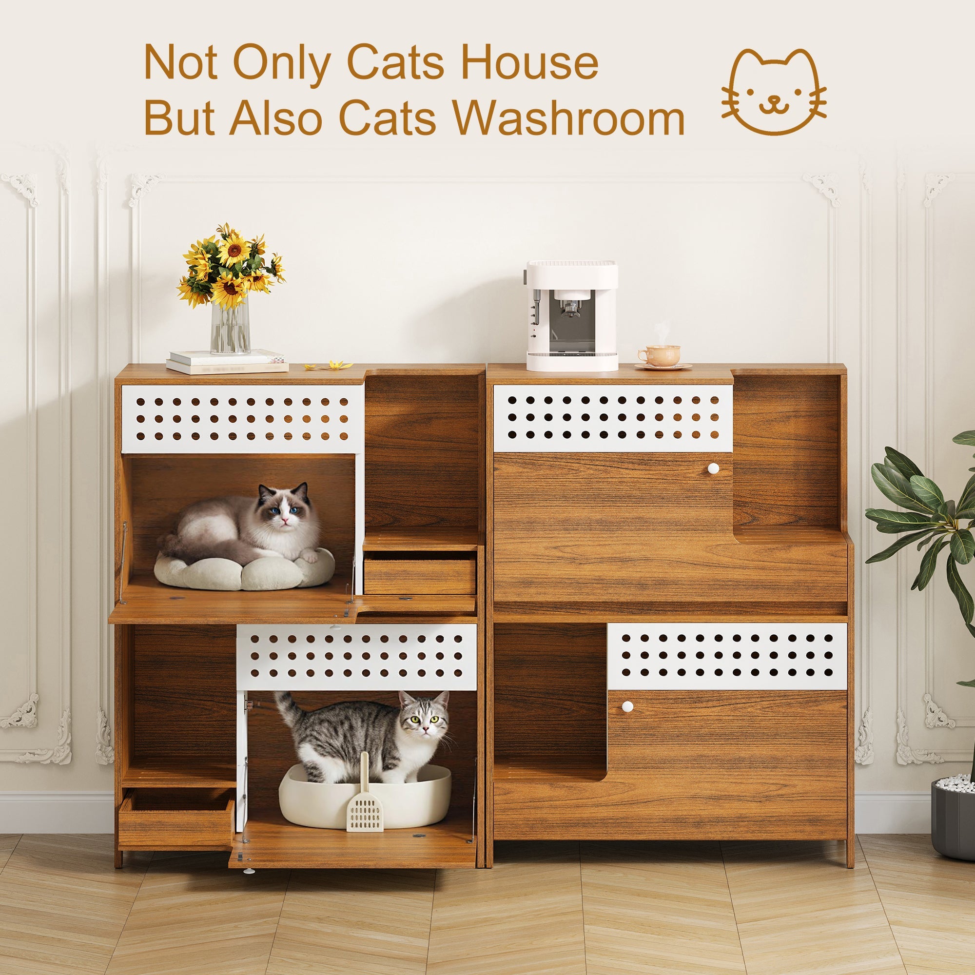 2-Piece Modern Cat Litter Box Enclosure Set – Hidden Cat House Side