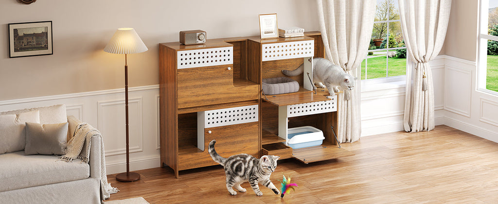 2-Piece Modern Cat Litter Box Enclosure Set – Hidden Cat House Side