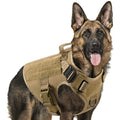 German Shepherd wearing a tan tactical dog vest on a white background